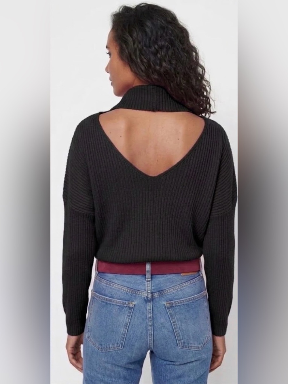 Anthropologie Maeve Black Ribbed Cowl-Neck Open Back Sweater - Picture 3 of 8